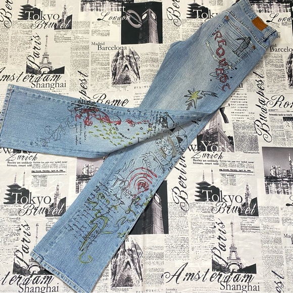 Request Denim - Request y2k 2009s womens skater grunge graffiti print jeans low rise bootcut